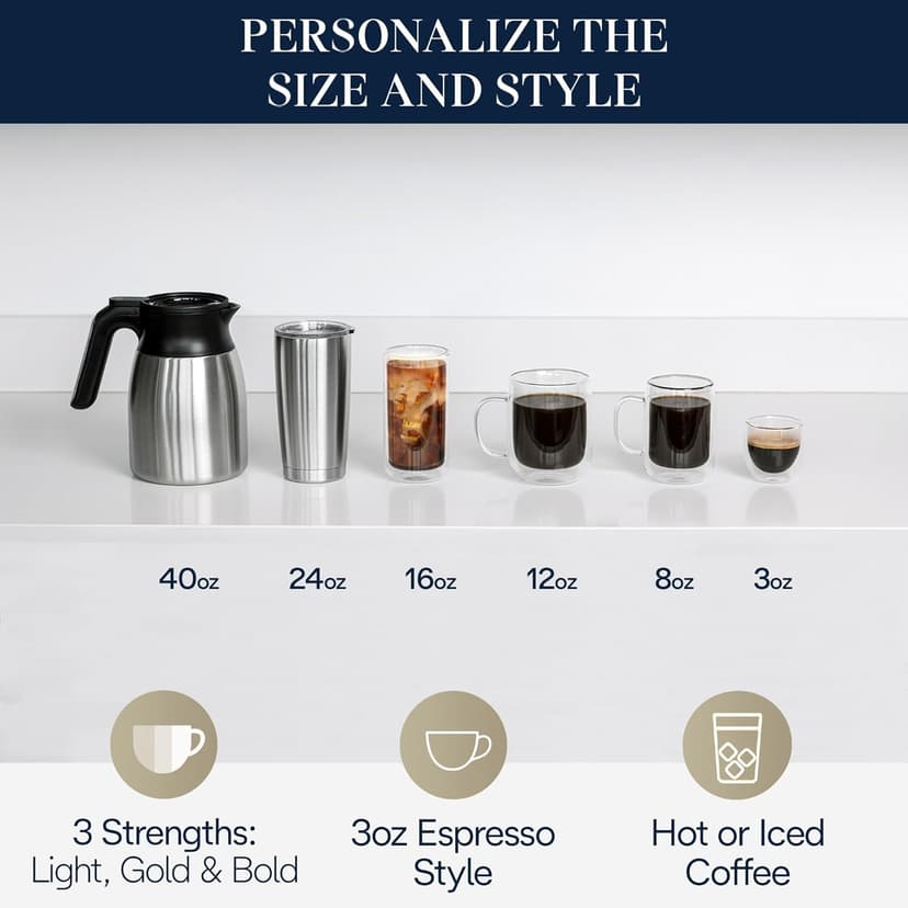 De'Longhi TrueBrew Drip Coffee Maker, Built in Grinder, Single Serve, 8 oz to 24 oz with 40 oz Carafe, Hot or Iced Coffee, Stainless,CAM51035M, Silver/Black
