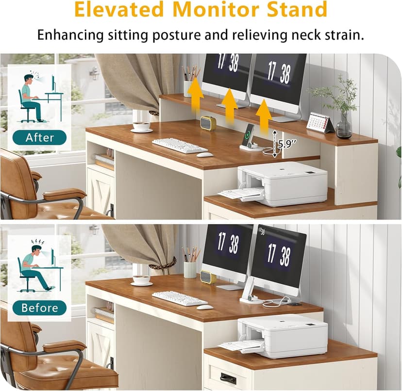 TVU Farmhouse Computer Desk with Drawers, 65'' Home Office Desk with Power Outlets, Storage Cabinet and Printer Stand, Study Writing Desks with Long Monitor Stand, White