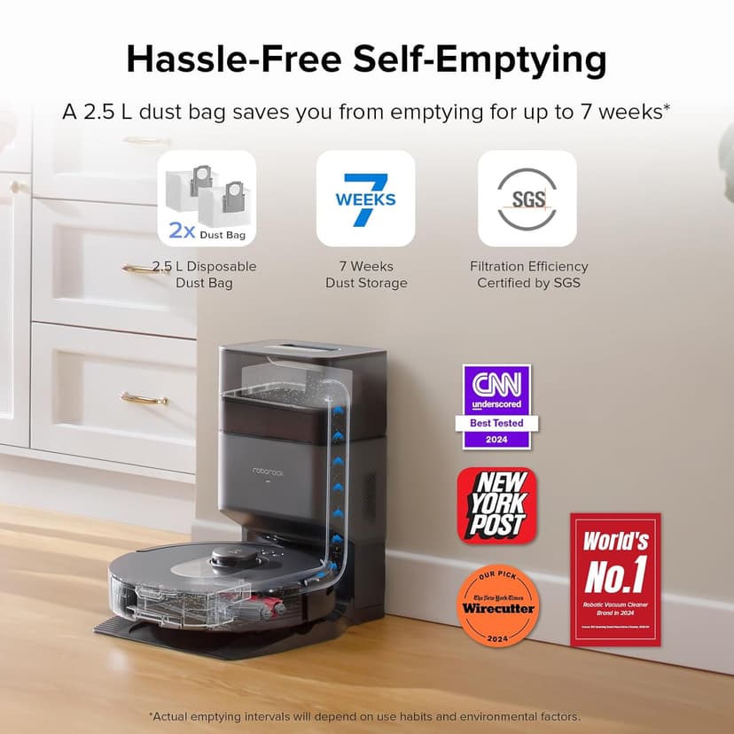 roborock Q5 Max+ Robot Vacuum with Self-Empty Dock, Upgraded from Q5+, 5500 Pa Suction, DuoRoller Brush, Hands-Free Cleaning for up to 7 Weeks, PreciSense LiDAR Navigation, App & Voice Control