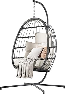 HWB Hanging Egg Chair with Stand, Patio Wicker Hammock Egg Swing Chair with Cushion for Bedroom Garden Indoor Outdoor (Beige)