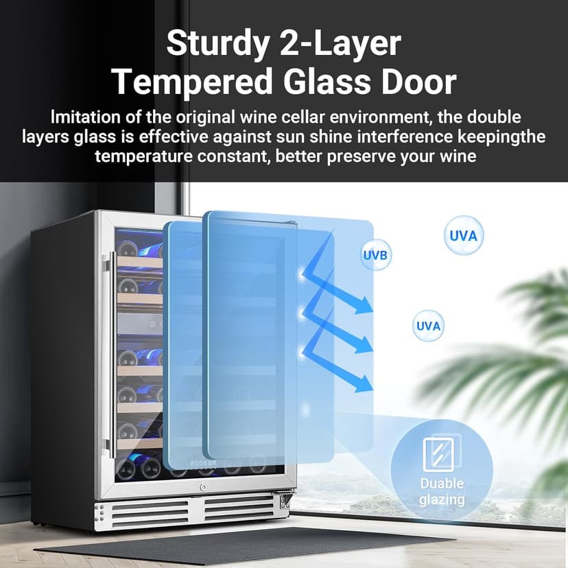 BODEGA 24 Inch Wine Cooler Refrigerator, 46 Bottle Dual Zone Wine Fridge with Double-Layer Tempered Glass Door,wine refrigerator with Temperature Memory Function, Built-in or Freestanding wine cooler.
