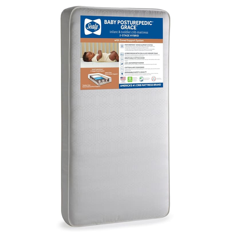 Sealy Baby Posturepedic Grace Hybrid - Firm 2-Stage Crib Mattress with Breathable Waterproof Barrier - GREENGUARD Gold Certified, Soy-enhanced Foam for Infants and Toddlers, Made in the USA (52x28")