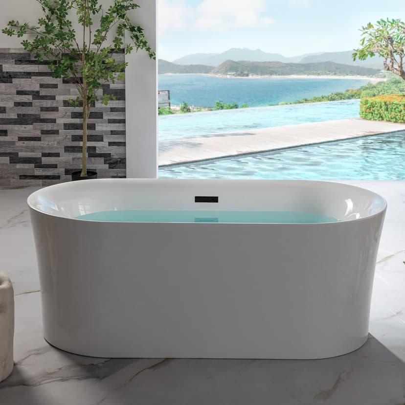 WOODBRIDGE 59" Acrylic Freestanding Bathtub Contemporary Soaking Tub with Matte Black Overflow and Drain,White Tub,B0058-MB