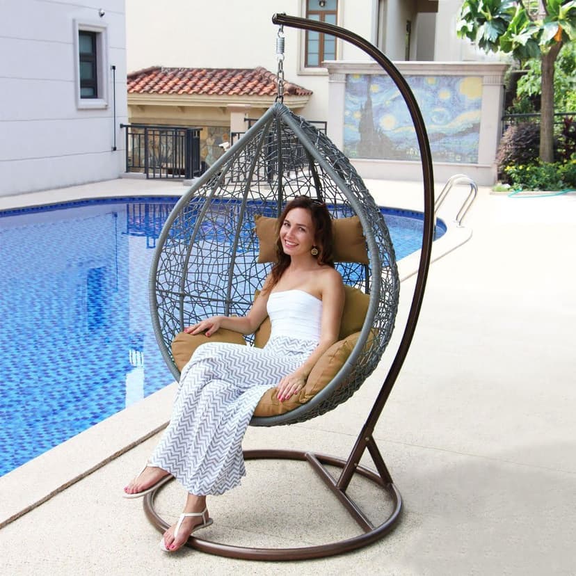 Island Gale Hanging Basket Chair Outdoor Front Porch Furniture with Stand and Cushion (Brown Wicker, Beige Cushion)