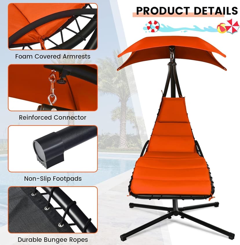Tangkula Hanging Chaise Lounge, Arc Stand Floating Hammock Swing Chair w/ Canopy and Built-in Pillow, Curved Steel Patio Lounge Chair, Freestanding Hammock Chair with Stand for Patio Backyard Garden