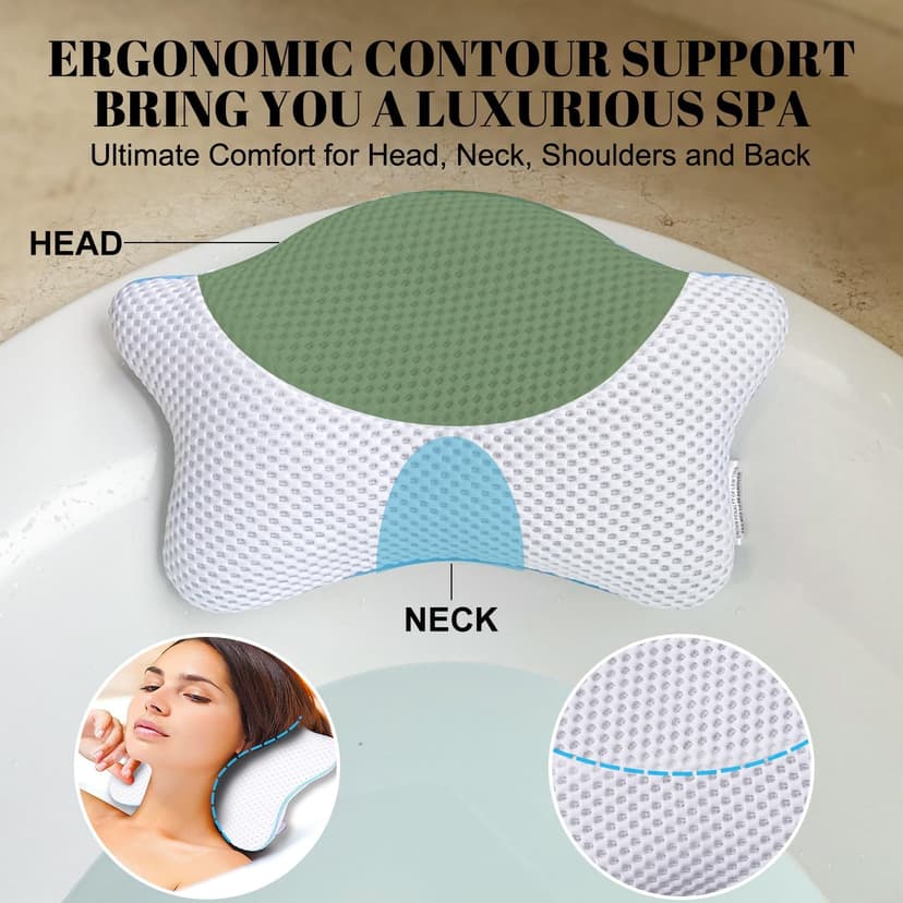 Non Slip Bath Pillow, Luxury Spa Bathtub Head & Neck Rest Support, Permeable Quick Drying Air Mesh Tub Pillow with 4 Large Suction Cups, Fits Any Tubs, Soft and Relaxing