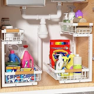 Under Sink Organizer 2 pack, 2 Tier Slide Out Under Sink Organizers And Storage, Height Adjustable Pull Out Cabinet Drawers, Kithcen Bathroom Metal Storage Caddy Shelf, White