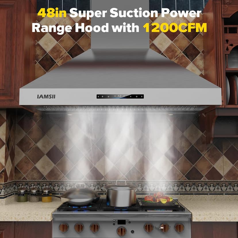 Wall Mount Range Hood 48 inch, 1200 CFM Kitchen Vent Hood, Stainless Steel Filters,4 Speed Gesture Sensing&Touch Control Panel, Stainless Steel Kitchen Vent