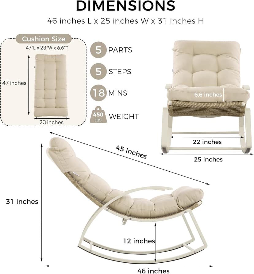 IRONCK Patio Rocking Chair, Outdoor Rocking Chair with Armrest and Cushion, Handwoven Twisted Rattan Rocker for Indoor Living Room Balcony Garden Porch, Beige