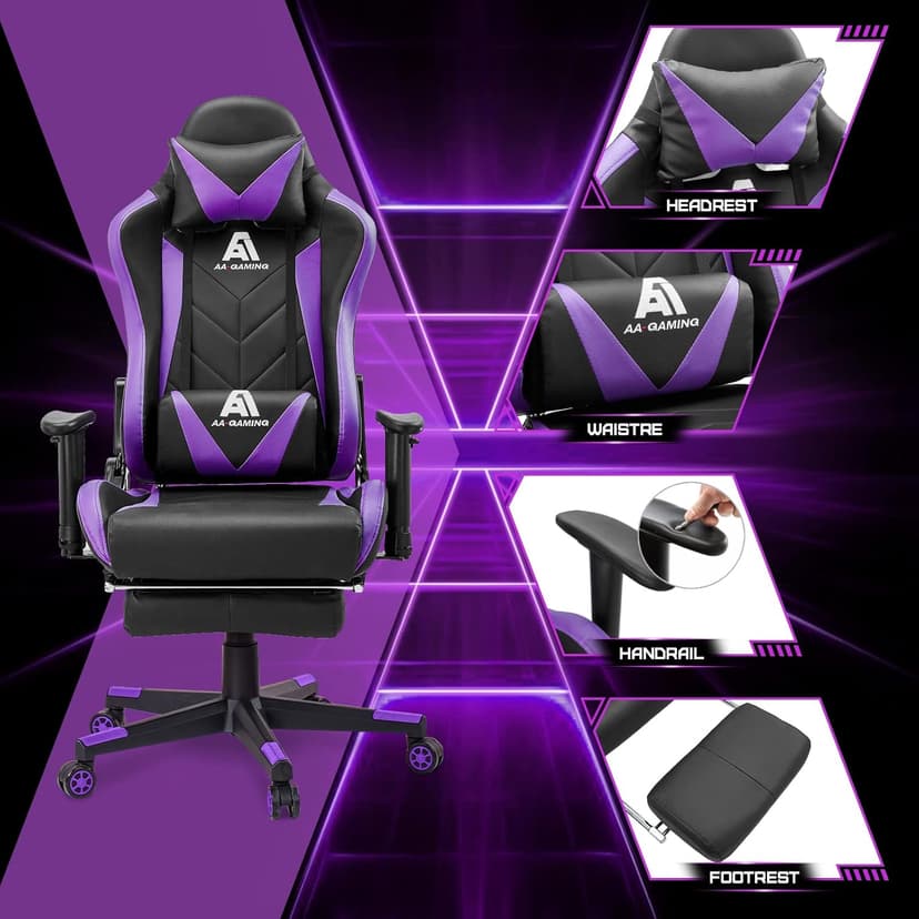 Gaming Chair High Back Ergonomic Computer Racing Chair Adjustable Office Chair with Footrest, Lumbar Support Swivel Chair - Upgraded Version BlackPurple