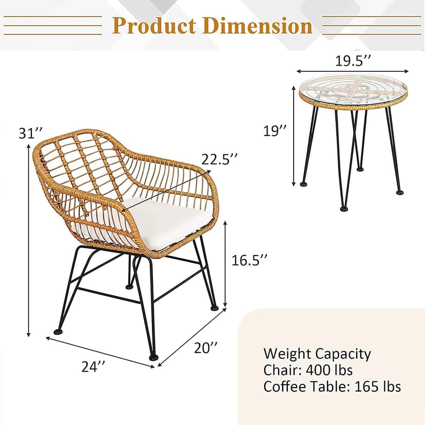 Bistro Table and Chairs Set of 2, Outdoor Patio Rattan Chair & Tempered Glass Coffee Table Set w/Removable Washable Beige Cushion Cafe Set for Indoor Balcony, Poolside, Garden (Pale Brown)