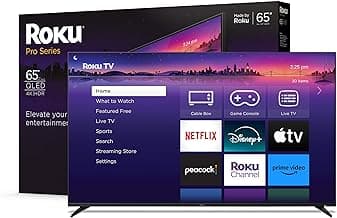 Roku Smart TV – 65-Inch Pro Series 4K QLED RokuTV with Backlit Roku Voice Remote Pro, Dolby Vision IQ, 120Hz Refresh Rate – Live Local News, Sports, Gaming