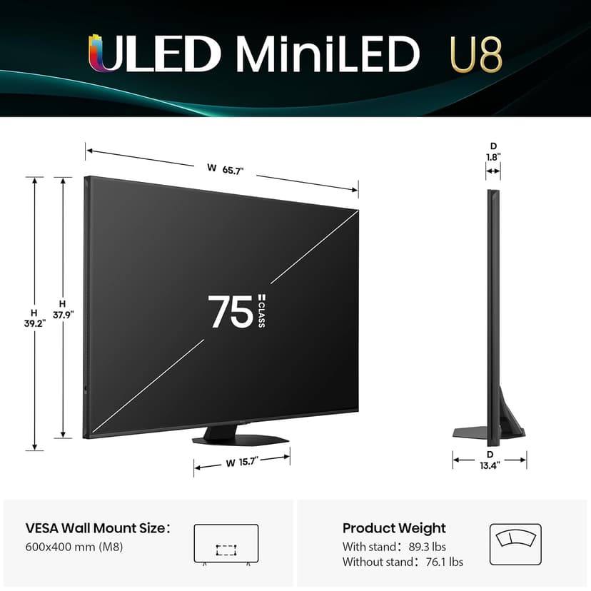 Hisense 75" Class U8 Mini-LED ULED 4K UHD Google Smart TV (75U8QG, 2025 Model) - QLED, Native 165Hz, VRR 288, Up to LD5600, 5000 Nits, HDR10+, Dolby Vision IQ · Atmos, IMAX Enhanced, 4.1.2 Ch Audio
