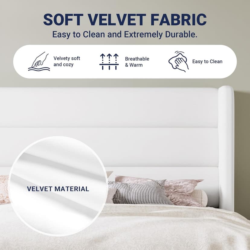 Allewie Queen Size Platform Bed Frame with Velvet Upholstered Wingback Headboard, No Box Spring Needed, Under Bed Storage Space, Strong Wooden Slats, Modern Mattress Foundation, Easy Assembly, White