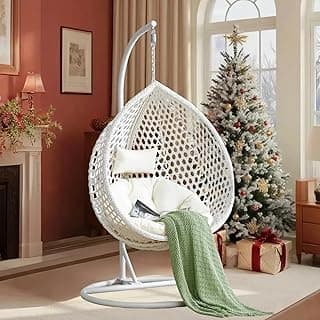 Egg Swing Chair Outdoor with Stand, Hanging Egg Rattan Basket Chair with Cushion and Pillow, Swinging Egg Chair, Foldable Basket and Metal Stand for Porch, Patio, Bedroom, Balcony,yard (White)