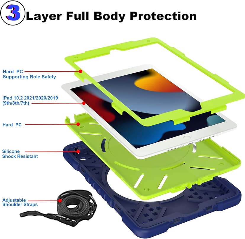 Case for iPad 9th/8th/7th Generation 10.2 inch, Heavy Duty Shockproof Cover with 360° Rotating Handle/Bracket/Pen Holder/Shoulder Strap, Kid Case for iPad 2021/2020/2019, Navy+Green