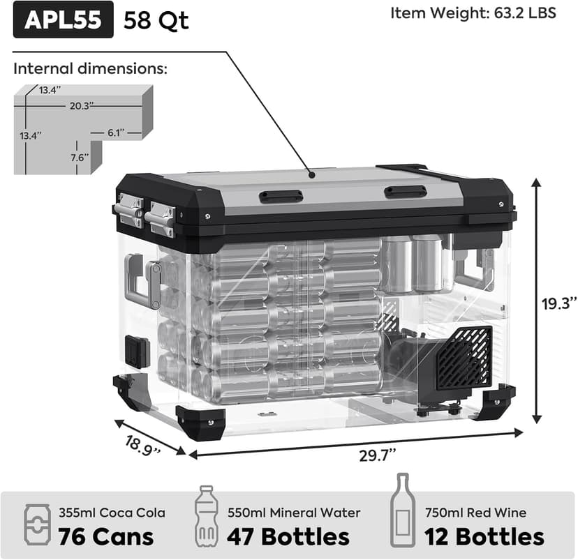 ICECO APL55 Dual Zone Portable Refrigerator Bluetooth Controlled, 55 Liter 12v refrigerator with SECOP Compressor, DC 12/24V, AC 110-240V, for Truck, Car and Home, -4℉~68℉(Silver)