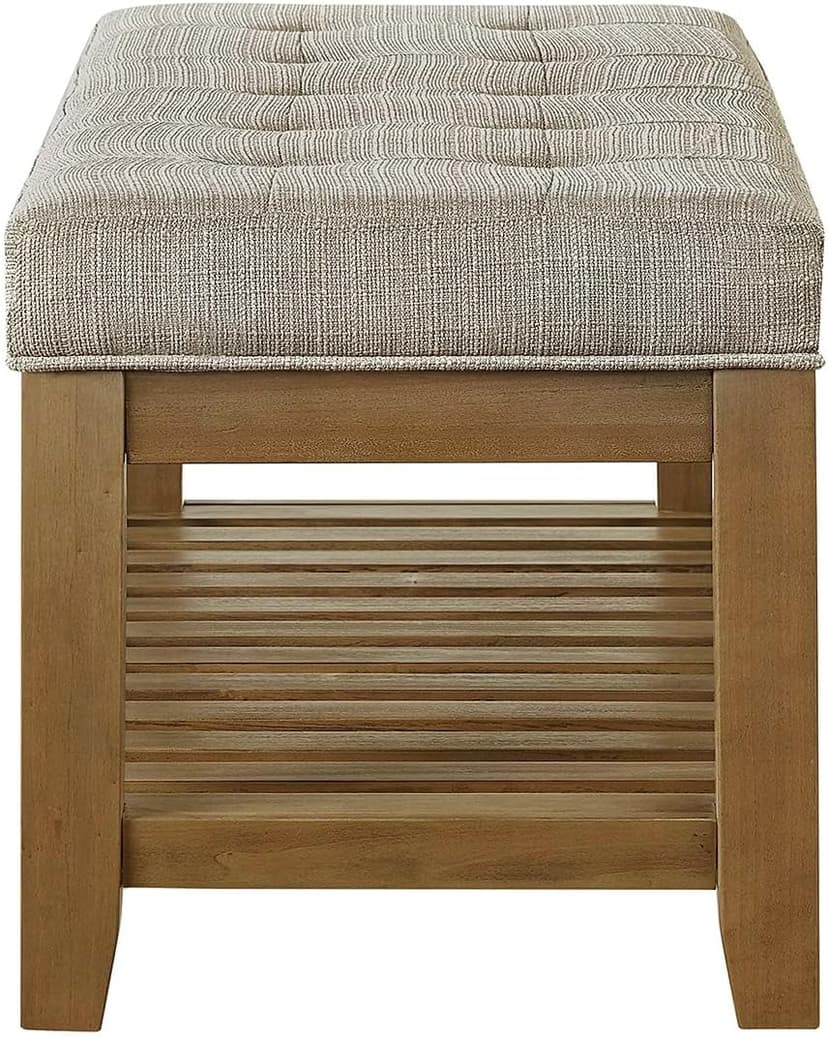 24KF Large Rectangular Upholstered Tufted Linen Fabric Ottoman Bench, Padded Bench with Solid Wood Shelf-Linen