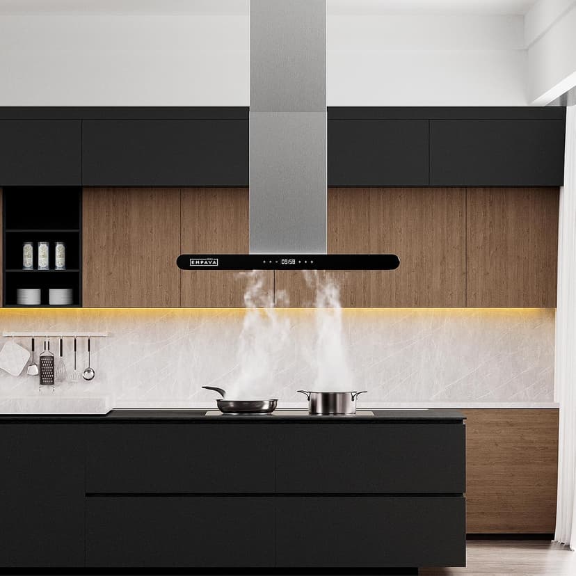 Empava 36 Inch Island Range Vent Hood Ceiling-Mount, Convertible Ducted/Ductless, 3-Speed Touch Control Timer, Stainless Steel Baffle, 4 LED Lights (Charcoal Filters Sold Separately)