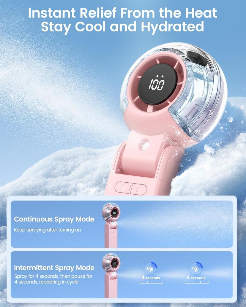 TriPole Misting Fan Portable Handheld Turbo Fan with Mist, LED Display, Neck & Desk Foldable High Speed Airflow Mini Fans, Rechargeable Personal Mister Fans with Water Spray Bottle for Outdoor Travel