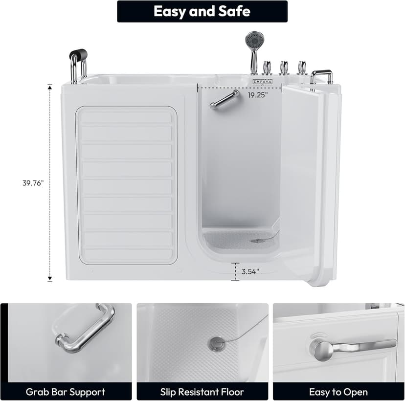 Empava Walk-In Tub, Japanese Soaking Bath, Right Outward Door, Low Threshold, Slip-Resistant, Built-in Seat, Fast Drain, Handrails, Easy Access for Seniors & Mobility-Impaired,54"