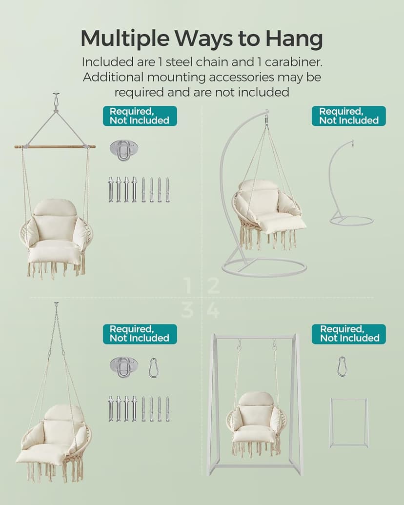SONGMICS Hanging Chair, Hammock Chair with Large, Thick Cushion, Boho Swing Chair for Bedroom, Patio, Balcony, Garden, Holds up to 264 lb, Accessories Included, Cream White UGDC042M01