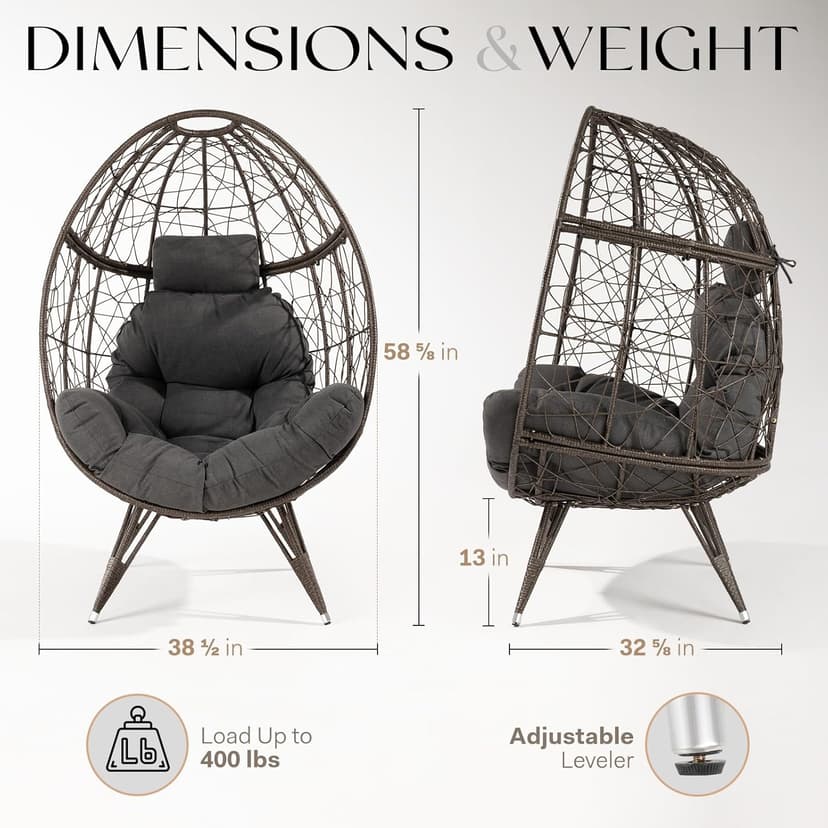 Bme Heavy Duty 400 lbs Capacity Wicker Egg Chairs for Outside & Indoor, Premium Soft Thick Olefin Fabric Cushion & UV 2000 Hours Material Teardrop Design, Durable Against Water, Weather
