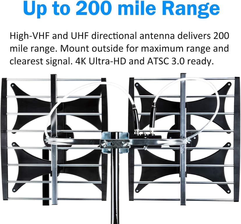 Five Star Multi-Directional 4V HDTV Amplified Antenna - up to 200 Mile Range, UHF/VHF, Indoor, Attic, Outdoor, 4K Ready 1080P FM w/ 40ft RG6 coaxial Cable, Mounting Pole