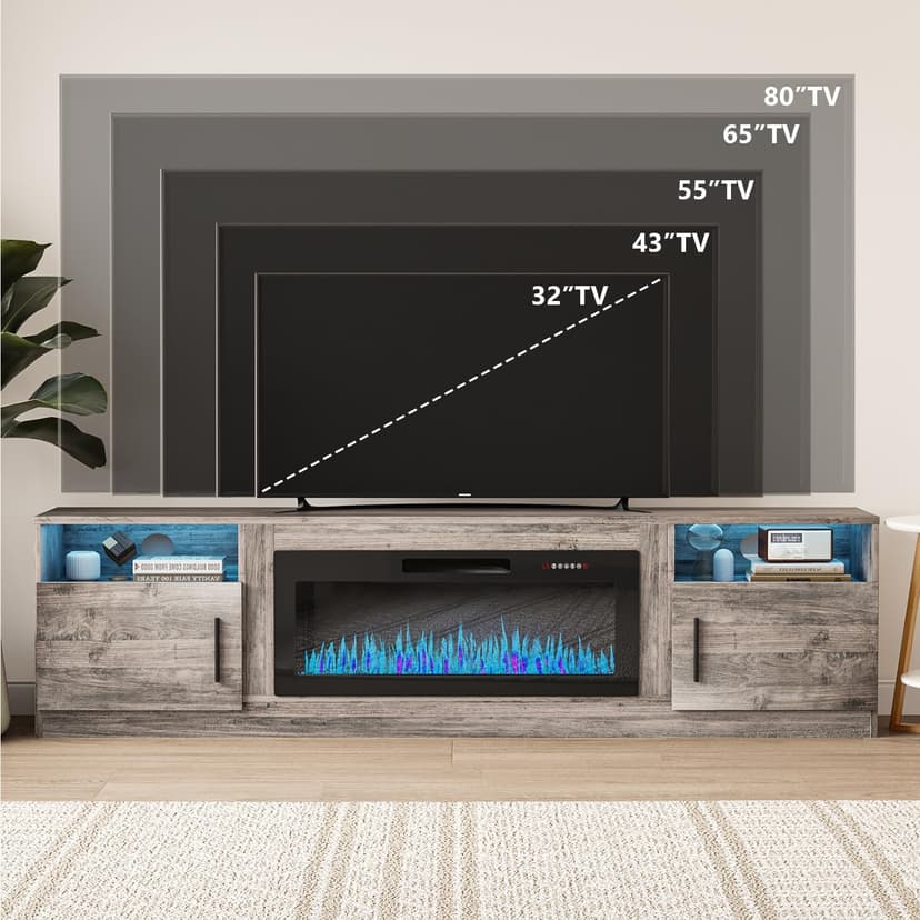 VITESSE TV Stand with 36" inch Electric Fireplace Up to 90" TVs, LED Light Entertainment Center, 80" Modern Wood High Gloss Fireplace with Highlight Storage Cabinet for Living Room (Gray)