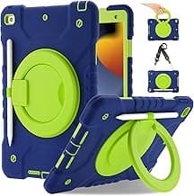 Case for iPad 9th/8th/7th Generation 10.2 inch, Heavy Duty Shockproof Cover with 360° Rotating Handle/Bracket/Pen Holder/Shoulder Strap, Kid Case for iPad 2021/2020/2019, Navy+Green
