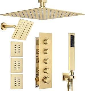 Brushed Gold Thermostatic Shower System with Body Jets, Ceiling 16” Rainfall Shower & Wall Mount 6-Inch Shower Head Luxury Shower Faucet Set with Handheld Spray, Dual Shower Heads Set