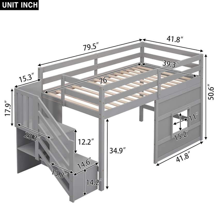 SOFTSEA Low Loft Bed with Stairs, Twin Size Loft Bed with Storage Staircase and Window, Kids Low Loft Bed Frame with Playhouse for Teens Juniors, No Box Spring Needed, Grey