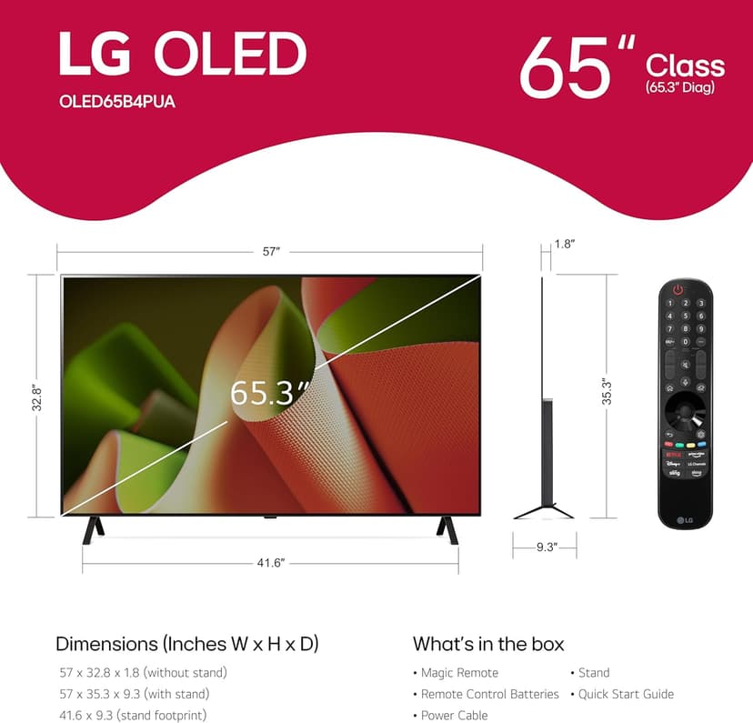 LG 65-Inch Class OLED B4 Series Smart TV 4K Processor Flat Screen with Magic Remote AI-Powered with Alexa Built-in (OLED65B4PUA, 2024)