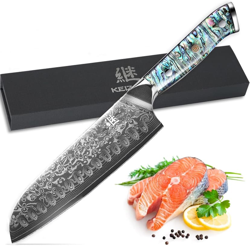 Damascus Steel Santoku Knife 7 Inch, Japanese Professional 10Cr15MOV Blade with Hand Forged Hammer Pattern, Ultra Sharp Kitchen Knife with Abalone Shell Ergonomic Handle