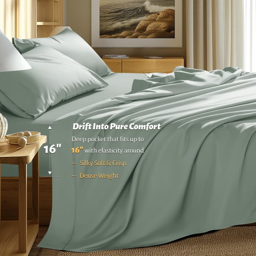 Shilucheng 100% Egyptian Cotton Queen Size Sheets Set - 1000 Thread Count，Luxury Cotton Bed Sheets，Breathable & Cooling Bedding and Pillow Cases, 16 Inch Deep Pocket - 4 Piece (Sea Glass, Queen)