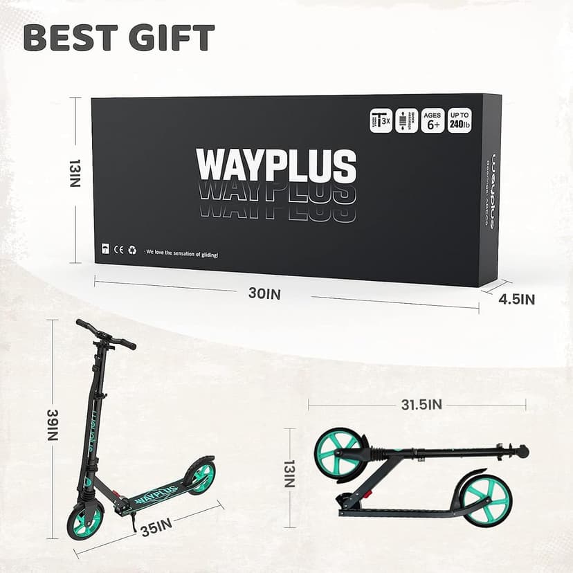 Kick Scooter for Ages 6+,Kid, Teens & Adults. Max Load 240 LBS. Foldable, Lightweight, 8IN Big Wheels for Kids, Teen and Adults, 4 Adjustable Levels. Bearing ABEC9