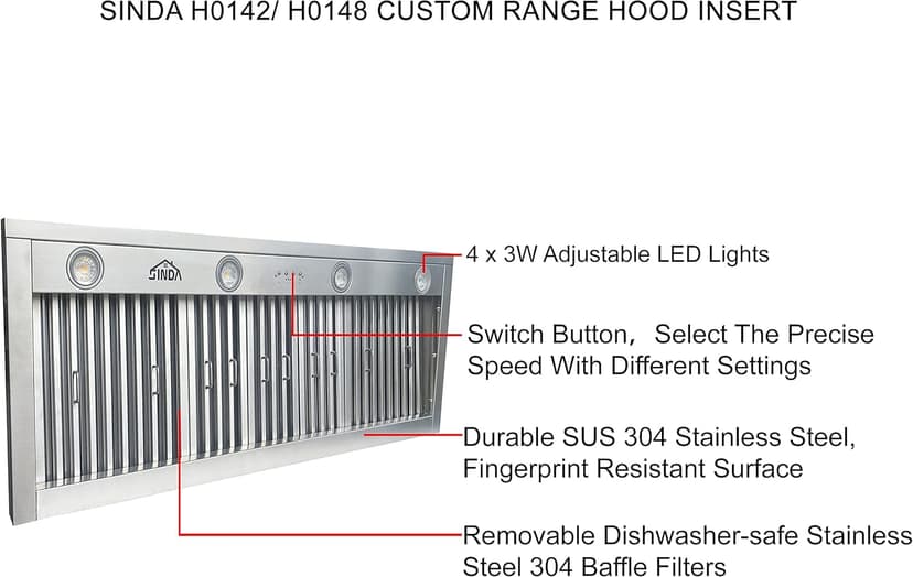 SINDA 48 inch Built-in/Insert Range Hood 1150 CFM, Stainless Steel Under Cabinet Range Hood Kitchen Vent Hood with Liner and SINDA Internal Motor, 4-Speed Fan, Adjustable Lights, Baffle Filter