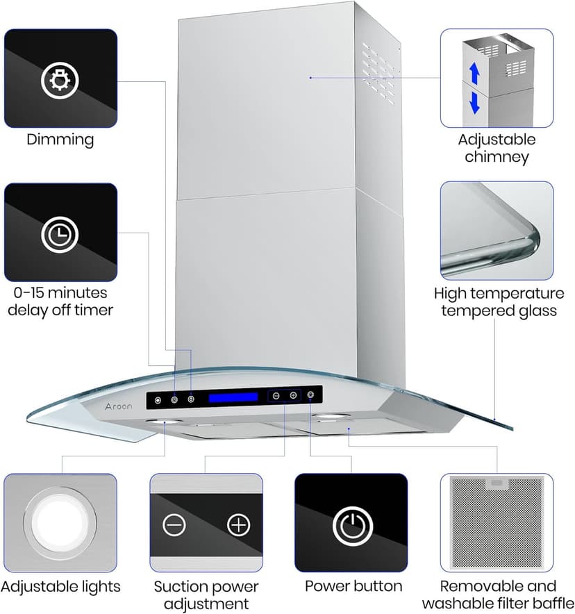 AROAN 30 inch Wall Mount Glass Range Hood, Stainless Steel Kitchen Chimney Vent Hood with 780 CFM & Four-Speed Touch Panel, 2pcs Adjustable LED, Tempered Glass Visor (PA03-30)