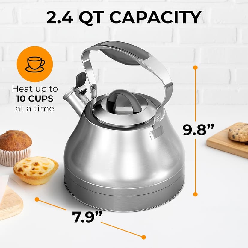 Stovetop Whistling Tea Kettle – 2.4 QT Stainless Steel Teapot with Ergonomic Handle, Fast Heating for Gas, Electric & Induction Stoves – Satin Finish, Silver