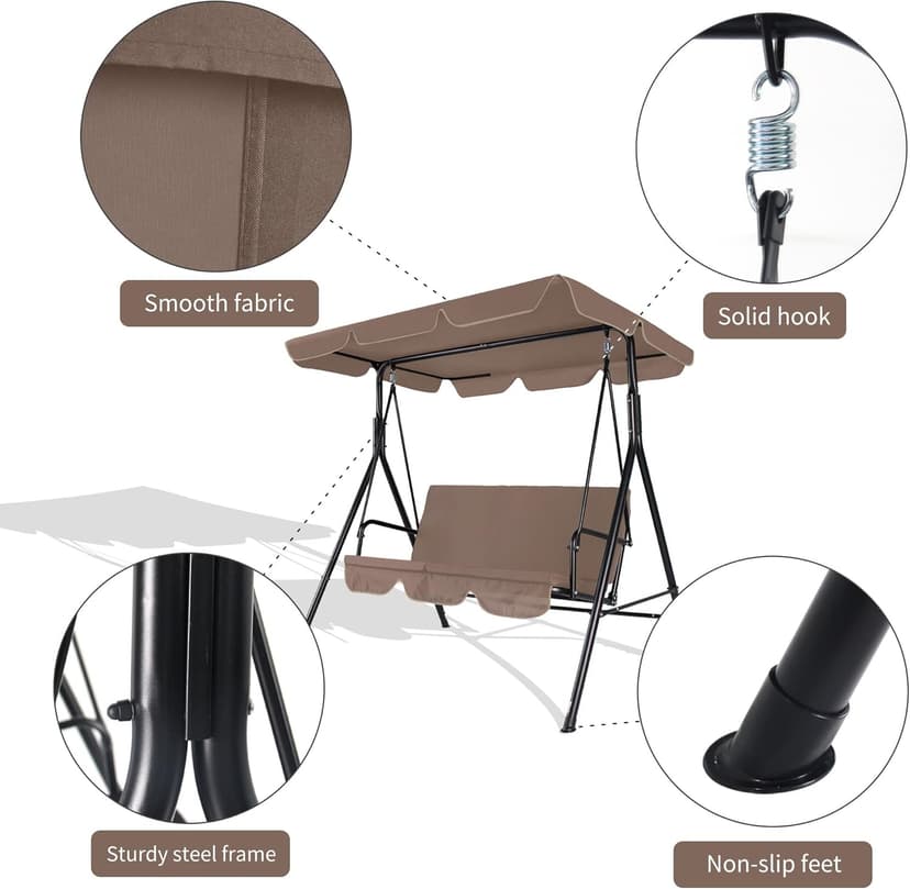 3-Seat Patio Swing Chair, Outdoor Porch Swing with Adjustable Canopy and Durable Steel Frame for Patio, Garden, Poolside(Brown)