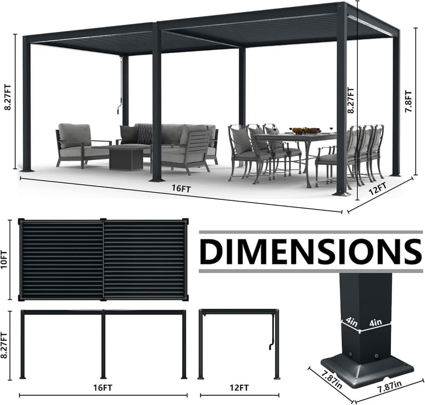 MASTERCANOPY 12’ X 16’ Louvered Pergola Outdoor Aluminum Patio Pergola with Adjustable Roof for Deck Backyard Garden (Black)