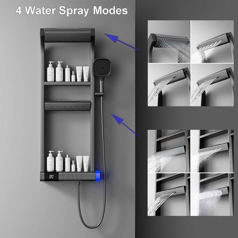 Thermostatic Shower System, 2025 Innovative 6 Functions Shower Faucet Set, LED Digital Display, 5 Piano Keys, 40x10cm Shower Head Sets Complete and Handheld, Bathtub Faucet, 59A Copper