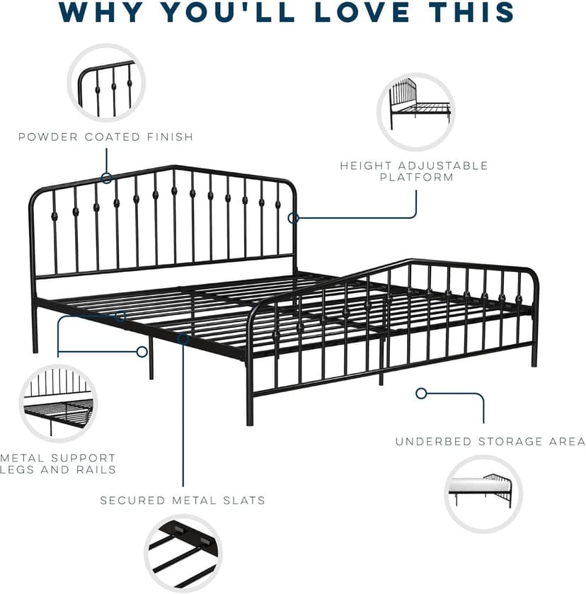 Novogratz Bushwick Modern Metal Bed, Slightly Triangular Headboard and Footboard with Inset Spindles, Adjustable Base Height for Underbed Storage, Requires No Box Spring, King Size - Black