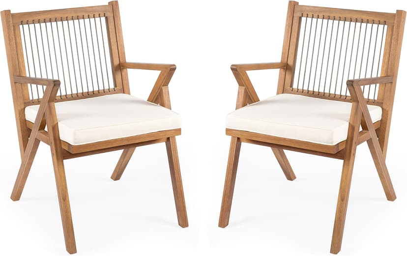 Christopher Knight Home Becker Outdoor Dining Chairs Set of 2 with Cushion, Acacia Wood Dining Room Armchair Set, Garden Chair Set with Handwoven Accent, Patio Dinners Comfy Extra Seat, Cream + Teak