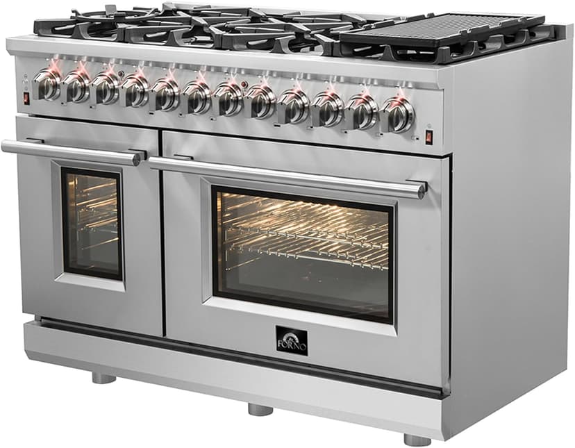 Forno Massimo 48" Freestanding Dual Fuel Range with 8 Sealed Burners 107,000 BTU, Wok Support & Griddle, 6.58 cu.ft. Oven - Modern Design Fuel Range with Pro-Style Handle and Zinc Coated Metal Knobs