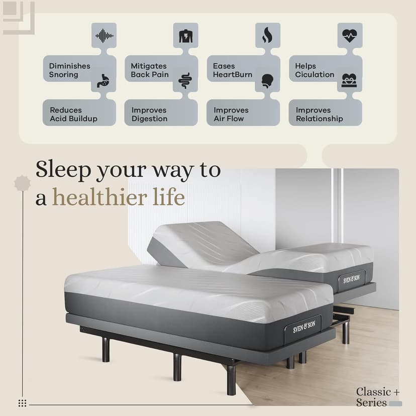 Sven & Son Harmony Adjustable Bed Base, Head and Foot Lift, Massage, Under-Bed Lights, USB, Gel Memory, Zero Gravity Smart Frame - Split King + 14 inch Hybrid Spring Matt (Medium Soft)
