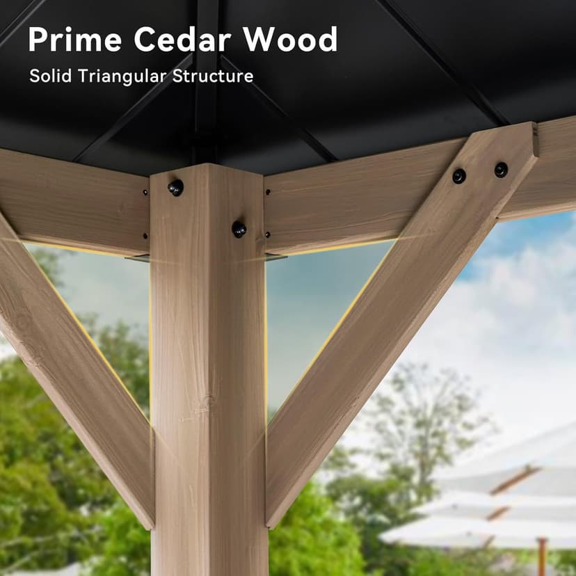 Aoxun 10' x 12' Outdoor Wood Gazebo, Hardtop Gazebo Permanent Wooden Pavilion with Galvanized Steel Double Roof, for Patio, Garden, Deck, Cedar Wood