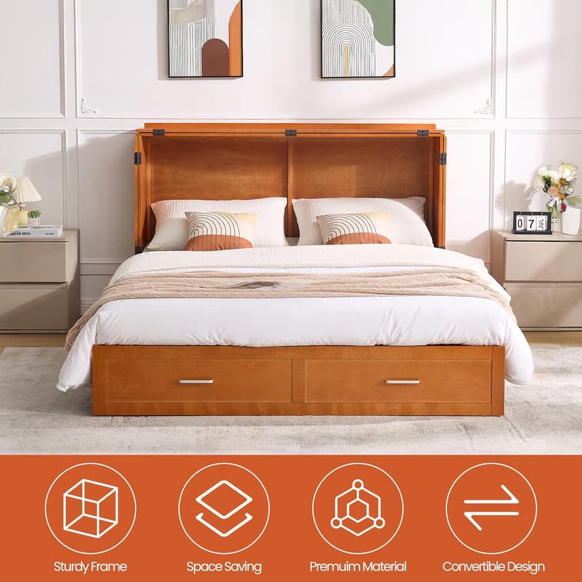Queen Murphy Bed with Tri-Folding Mattress, Space-Saving Queen Size Wall Bed Built-in Charging Station, Foldable Murphy Bed Cabinet with 2 Storage Drawers for Bedroom, Guest Room, Cherry