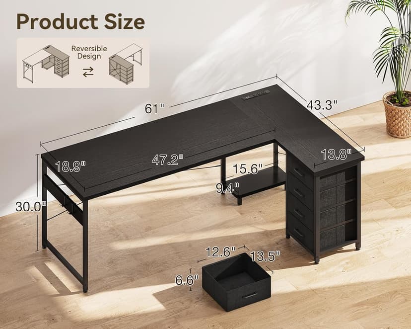 AODK L Shaped Gaming Desk with 4 Drawers, 61" Reversible Home Office Desks with Power Outlets, L Shaped Computer Desk with USB Charging Port and Host Stand, Corner Desk, Easy to Assemble, Black