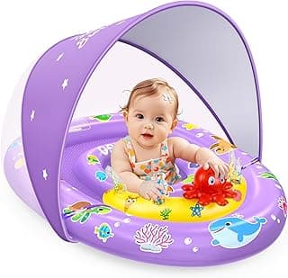 EZIGO Baby Pool Float with Canopy UPF 50+ Sun Protection, Double Air Chambers Infants Swimming Floats with Sound Toys Adjustable Safety Seat Toddler Float for Boys and Girls 6-36 Months